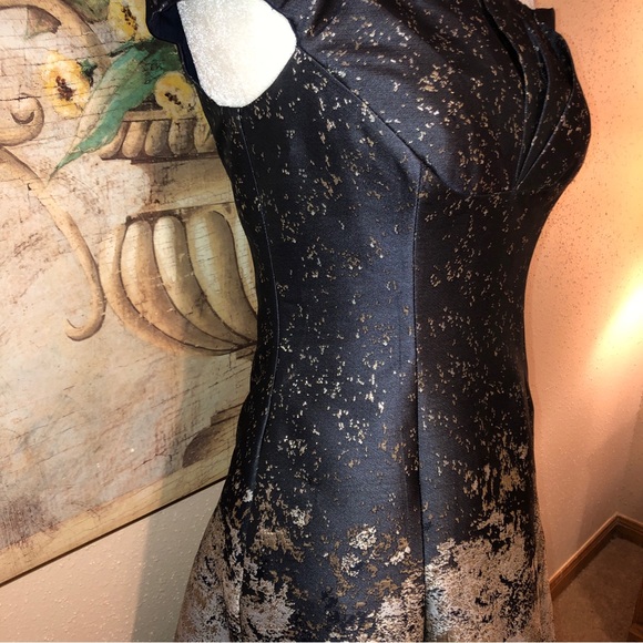 Sz 2 Kay Unger Carina Tea Length Formal Dress Navy Blue, Silver & Gold Metallic - Picture 8 of 16